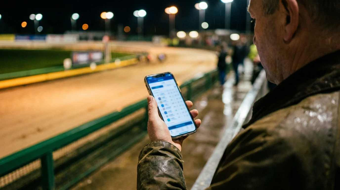 Best odds guaranteed on greyhound racing — punter checking odds on a mobile phone at a dog track
