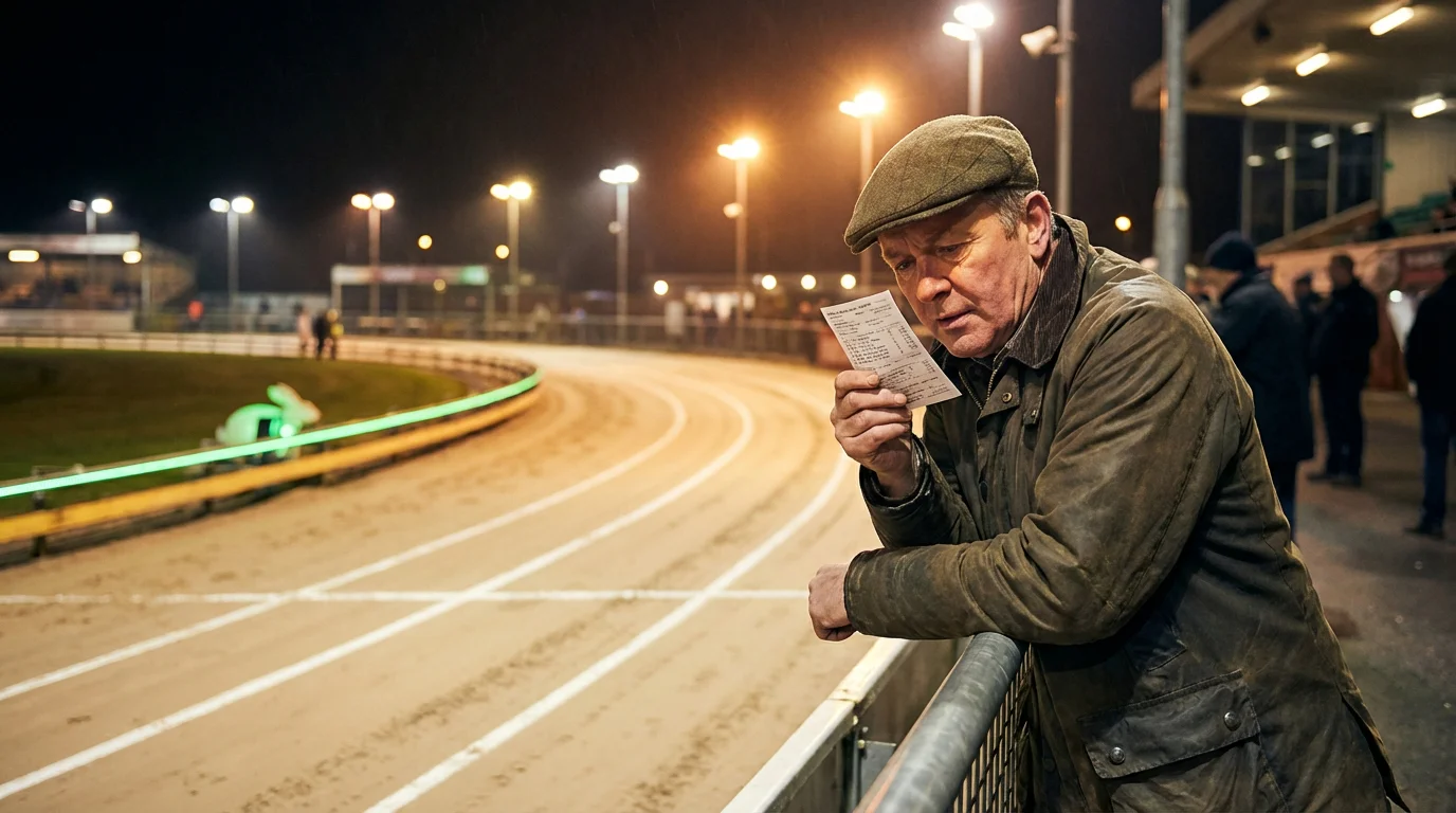 Greyhound bet types explained — punter studying a betting slip at a UK greyhound track