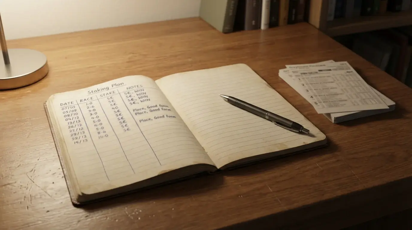 Greyhound betting bankroll management — notebook with staking plan next to a pen