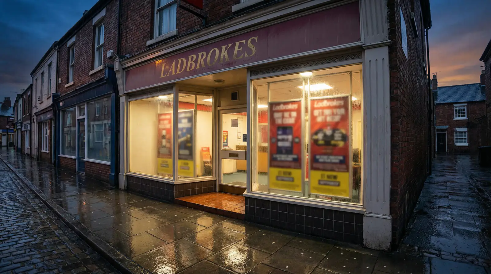 UK greyhound betting offers and promotions — betting shop window displaying promotional signs