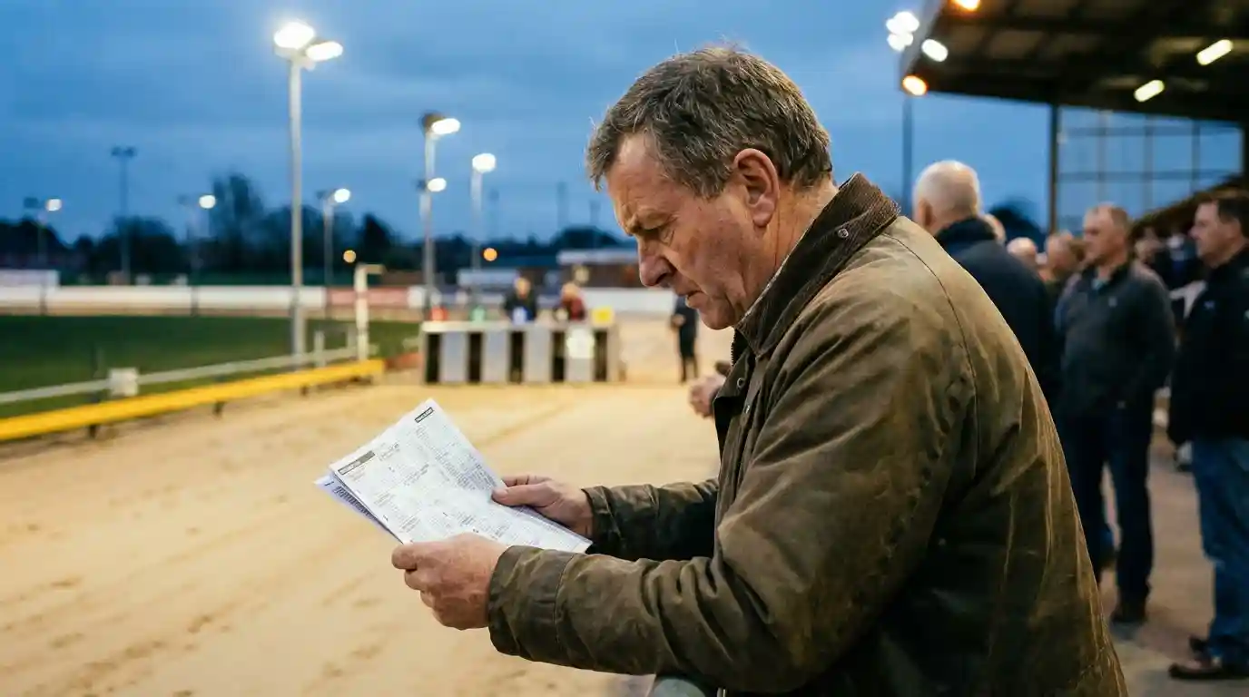 Punter studying a racecard before placing a greyhound bet at a UK track