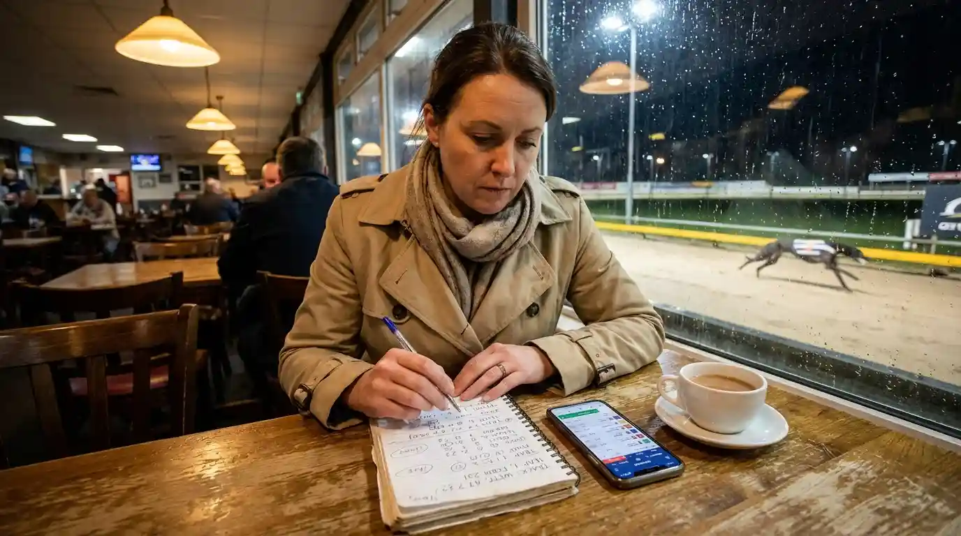 Greyhound betting strategy — punter reviewing form notes and odds at a floodlit UK greyhound stadium