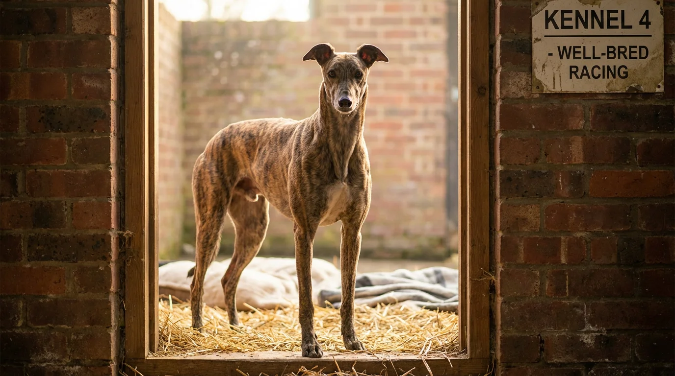 Greyhound breeding and racing form — a greyhound standing alert in a kennel doorway