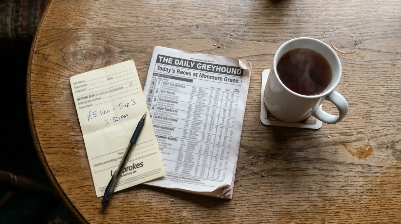 Each-way betting on greyhound racing — betting slip and racecard on a table