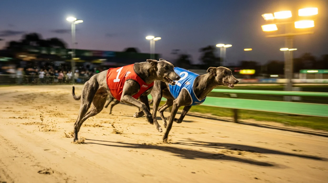 Greyhound forecast betting guide — two greyhounds racing side by side on a sand track