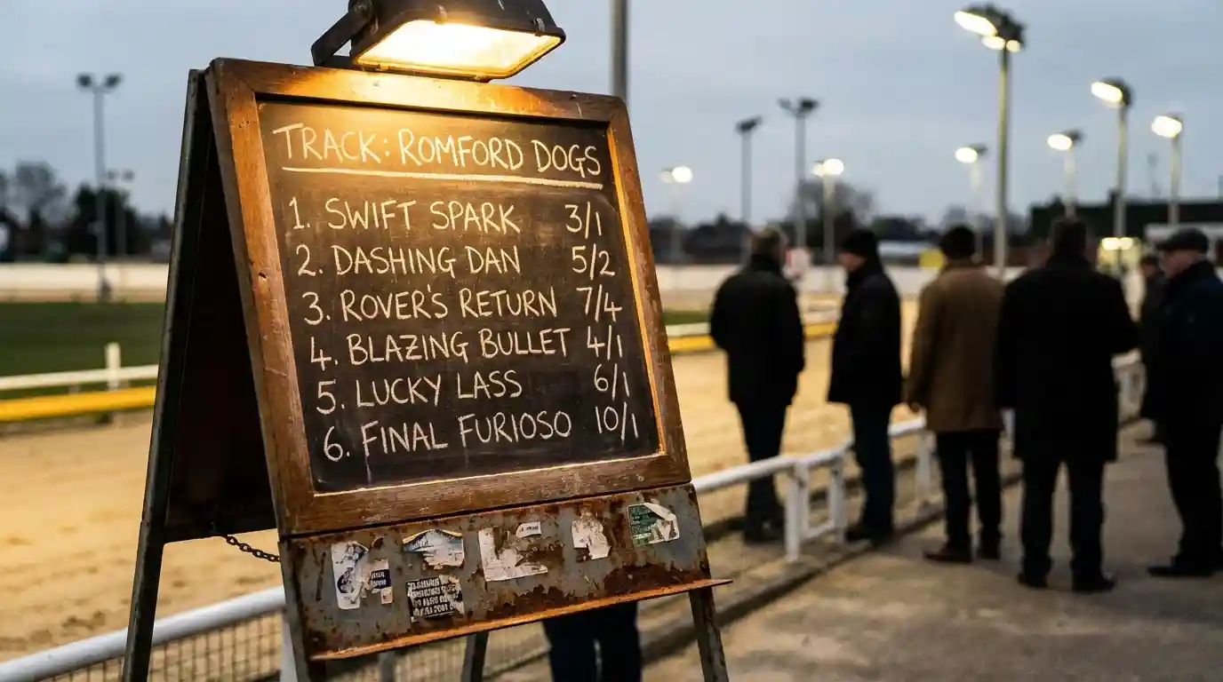 Trackside betting board displaying fractional odds for a UK greyhound race