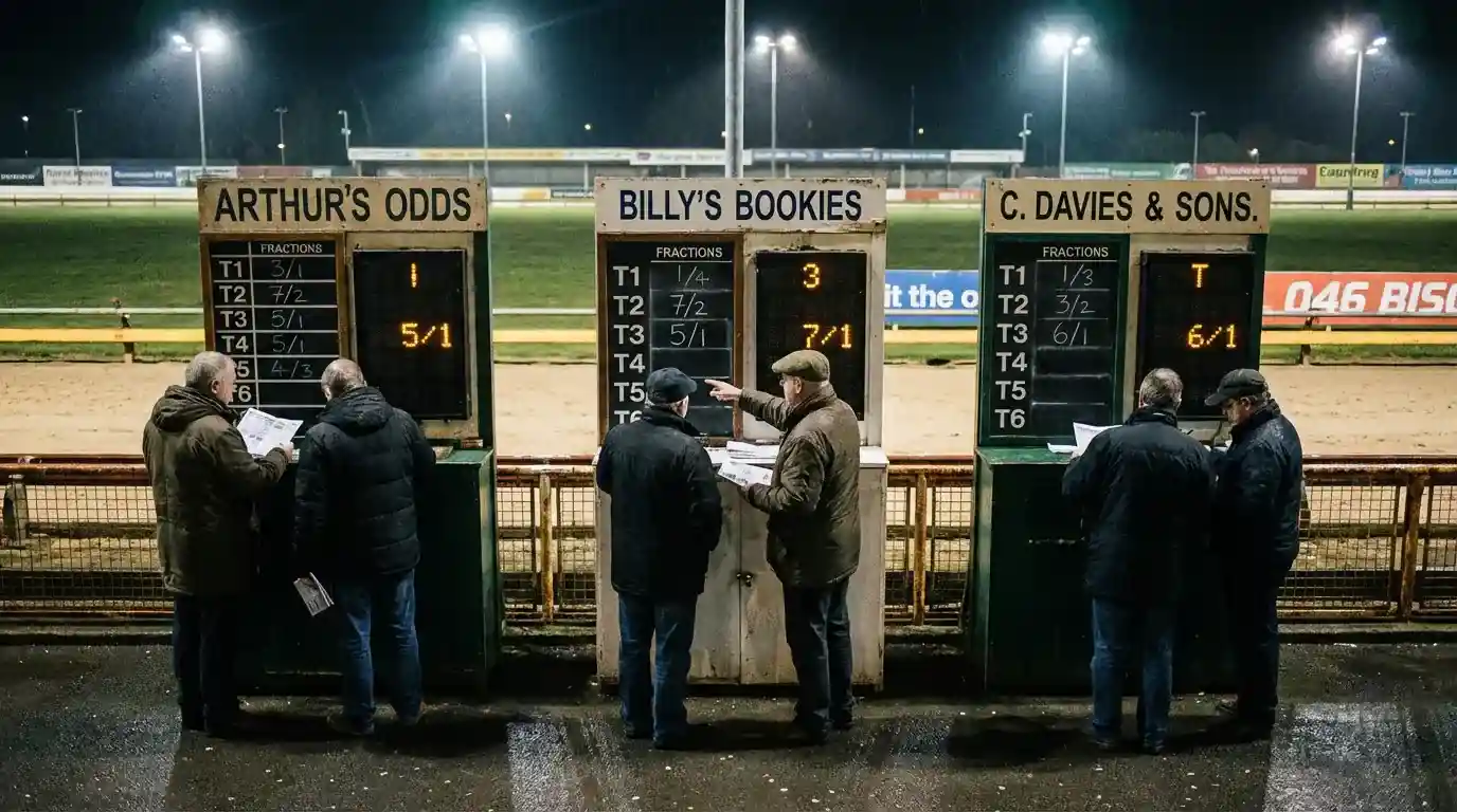 Multiple bookmaker odds boards showing different prices for the same greyhound race
