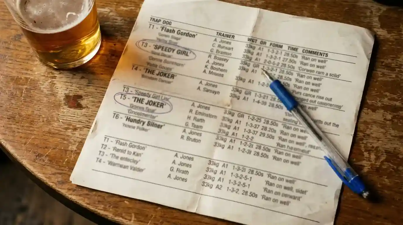 Close-up of a printed UK greyhound racecard showing form figures, times and trap draws