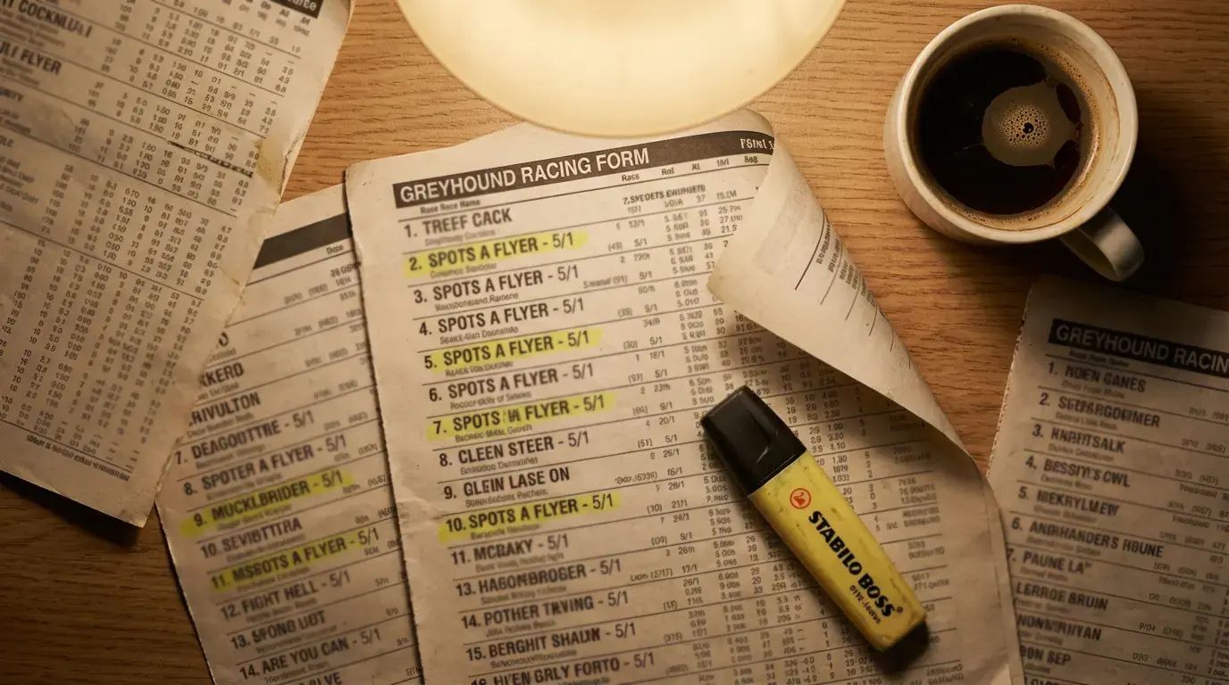 Using past greyhound racing results for betting — form pages spread on a desk