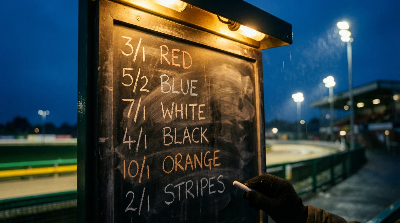 Greyhound racing starting price explained — bookmaker board showing odds at a UK dog track