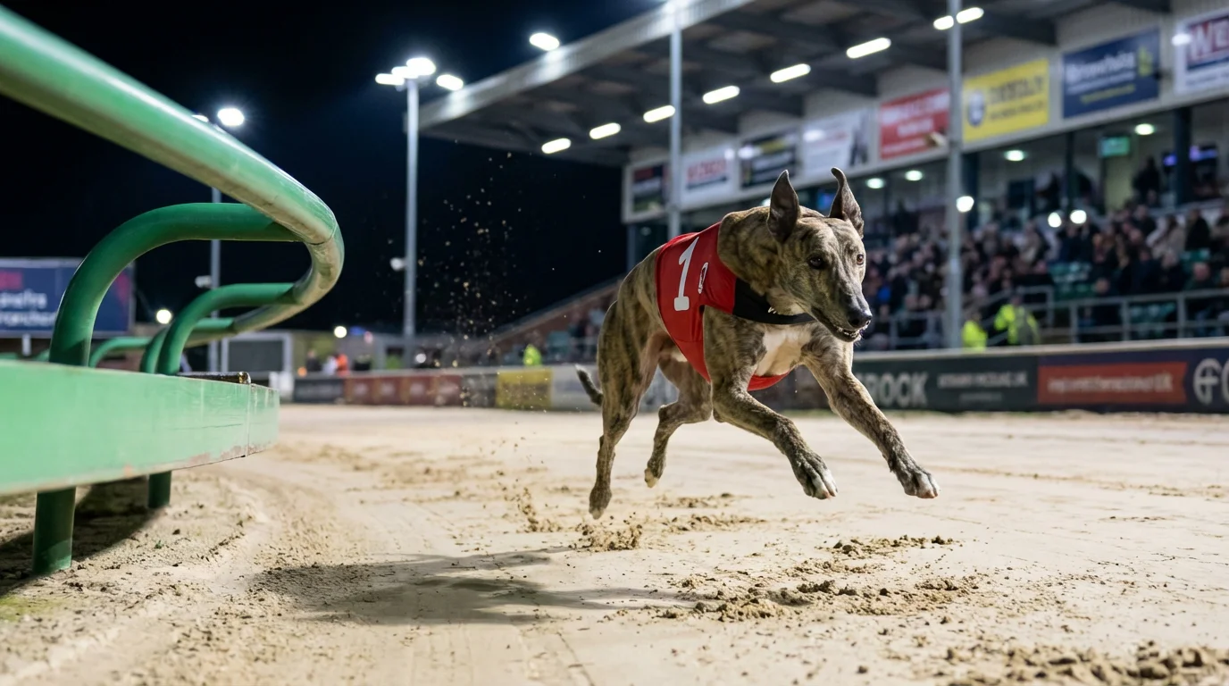 Greyhound sectional times explained — greyhound sprinting past the first bend on a sand track