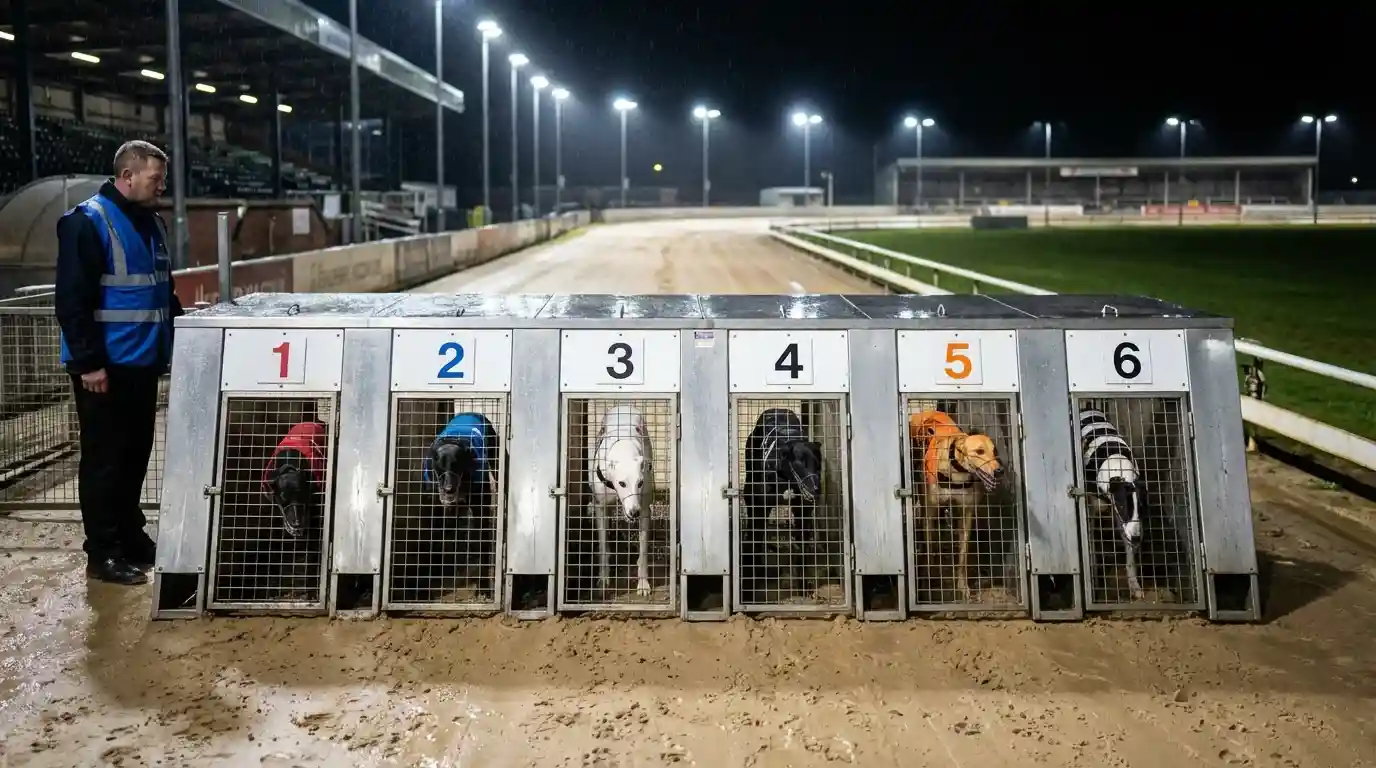 Six greyhounds loaded into colour-coded starting traps at a UK racing stadium