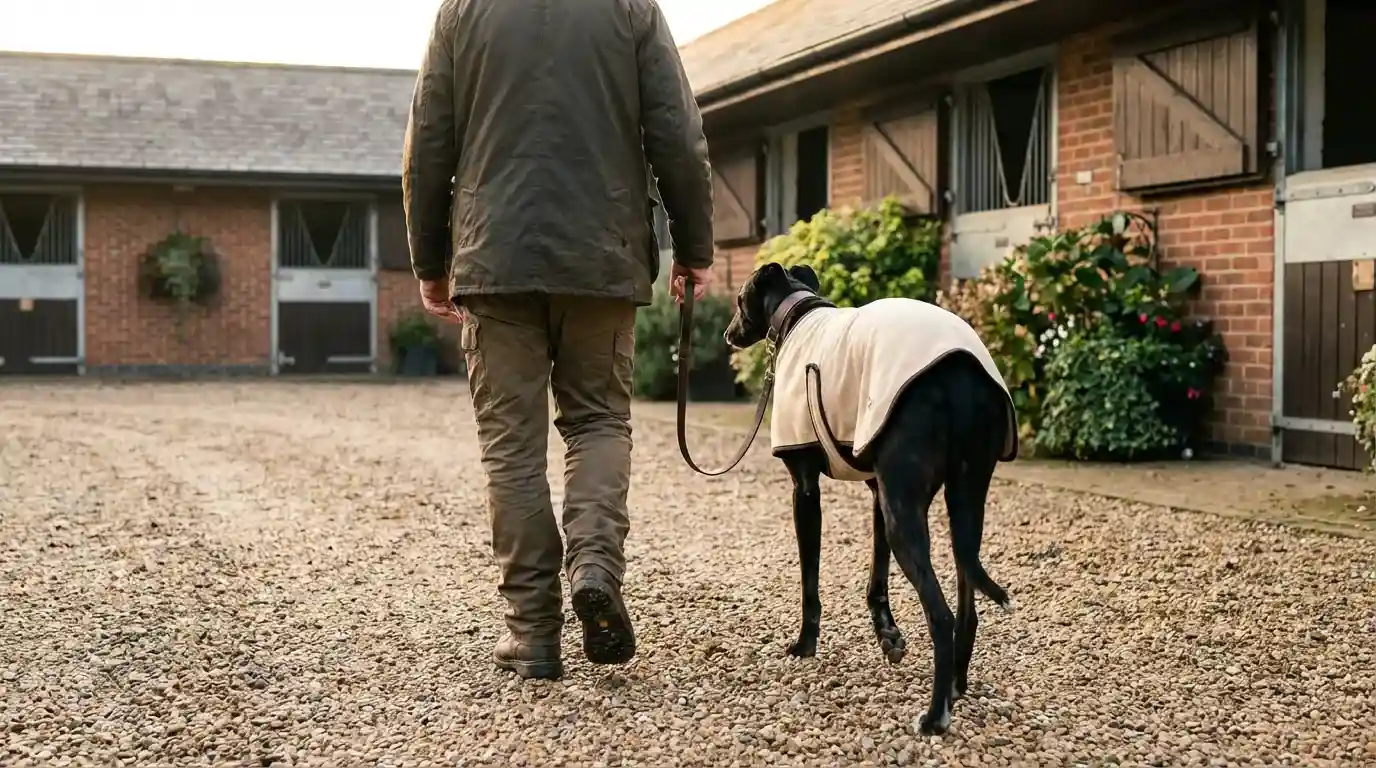 Greyhound trainer form — trainer walking a greyhound in a kennel yard