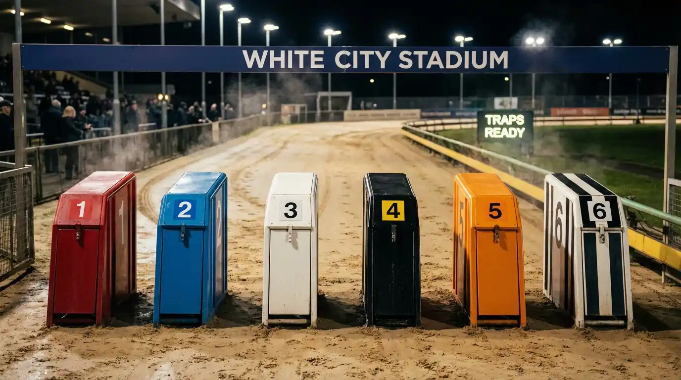 Greyhound trap draw statistics — six coloured starting traps at a UK greyhound track