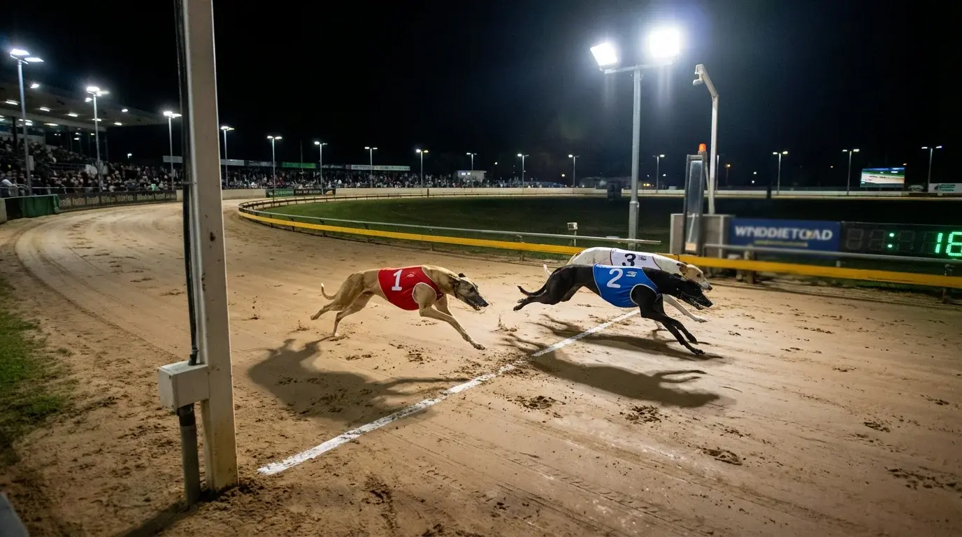 Greyhound tricast betting explained — three greyhounds crossing the finish line