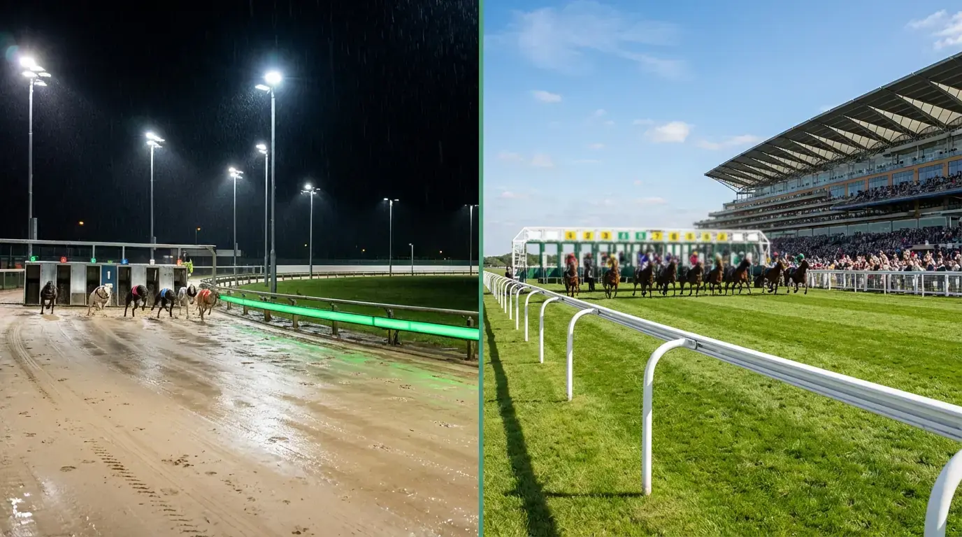 Greyhound racing versus horse racing betting — split image of a greyhound track and horse racecourse