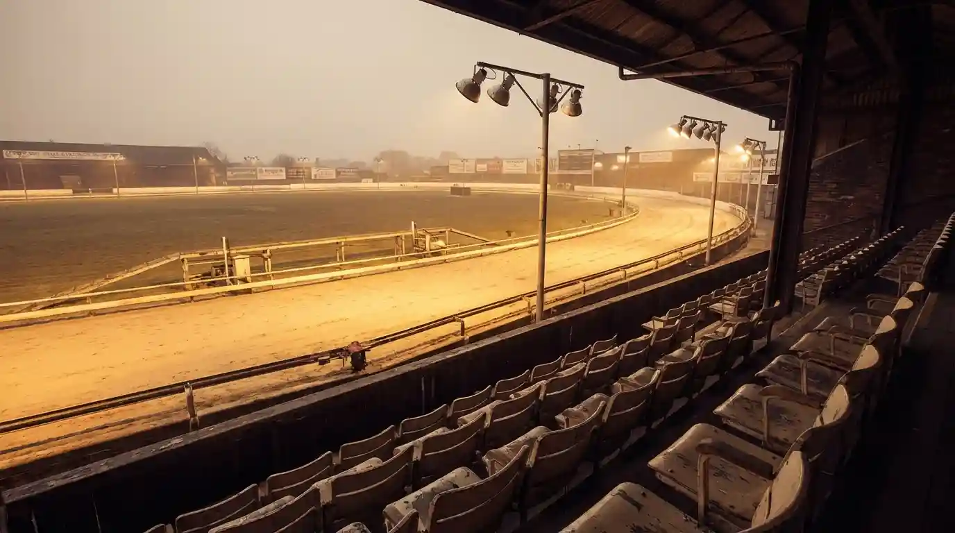 History of UK greyhound racing — vintage-style greyhound stadium with floodlights and spectators