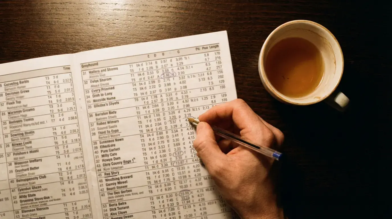 How to read greyhound form — close-up of a printed UK greyhound racecard with pen marks