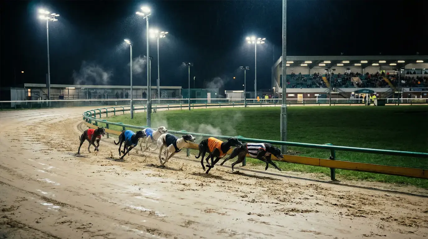 Live greyhound racing streaming — greyhounds racing on a floodlit UK track at night