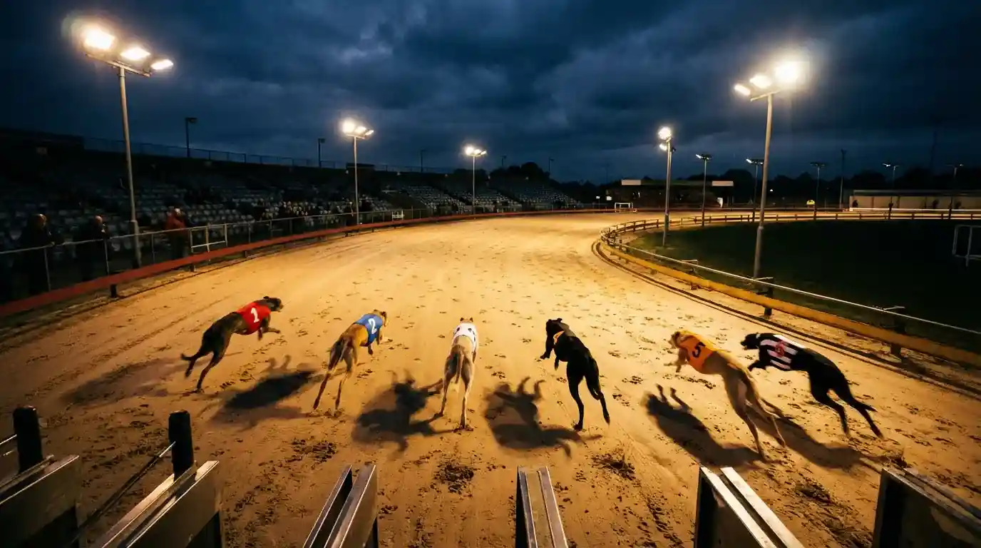 Six greyhounds racing under floodlights on a sand track at a UK stadium