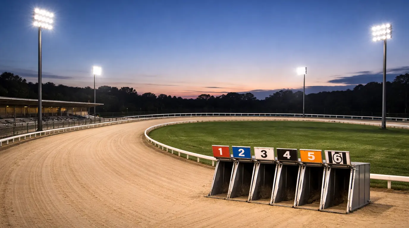 UK greyhound racing track — floodlit oval sand track at dusk with empty traps