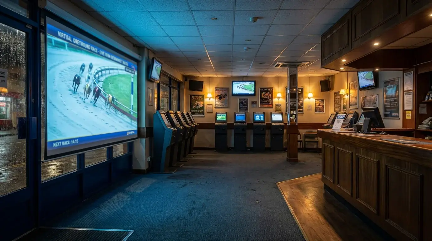 Virtual greyhound racing betting — screen showing animated greyhound race in a betting shop