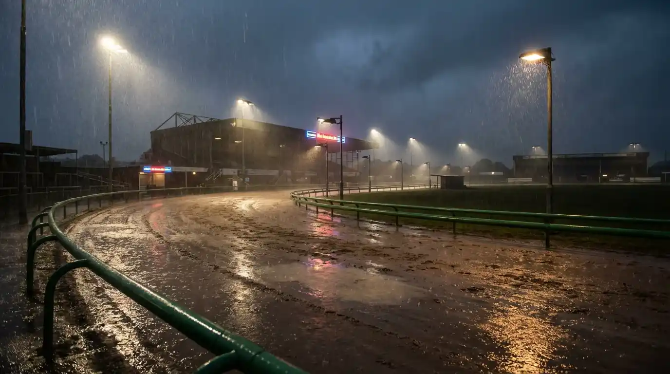 Weather effects on greyhound racing — wet sand track at a UK greyhound stadium in the rain